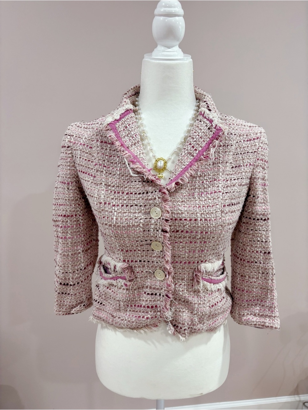 Pink Tweed Button-Front Cropped Jacket